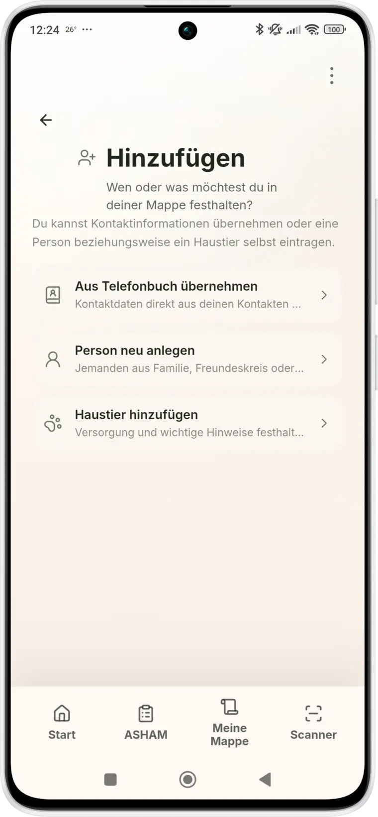 ASHAM Ansicht zum Hinzuf&uuml;gen von Kontakten, Personen und Haustieren
