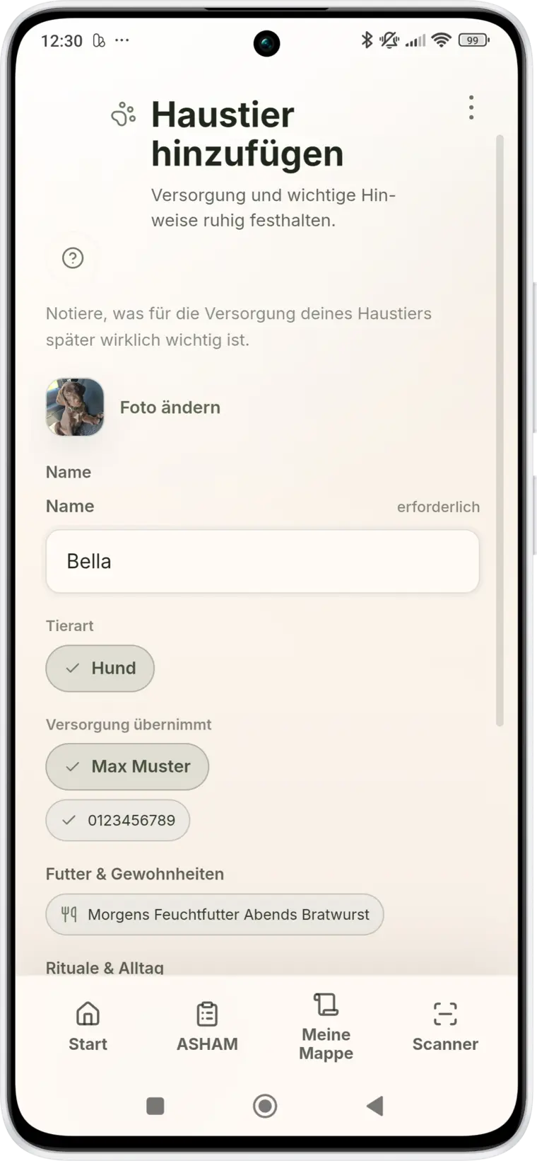 ASHAM Haustierprofil mit Sorgekontakt und Versorgungshinweisen