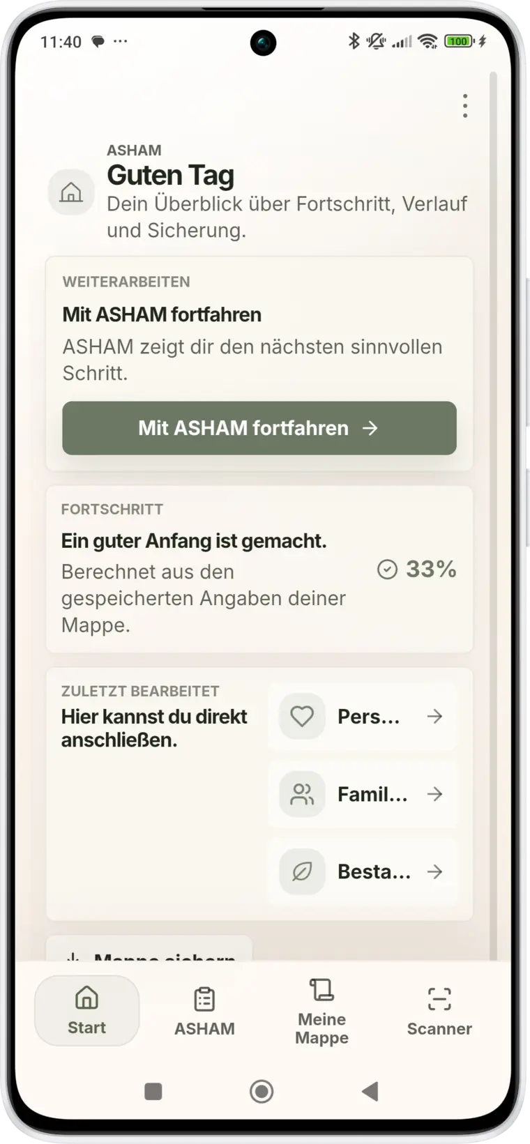 Aktuelle ASHAM Start&uuml;bersicht mit Fortschritt und Bereichen